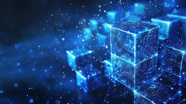 PSD rete digitale astratta di cubi blu luminosi con linee e punti di collegamento su uno sfondo blu scuro