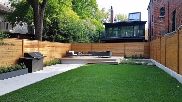 PSD retiro de patio trasero moderno con patio de valla de madera y parrilla césped verde exuberante y jardinería