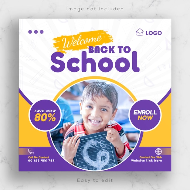 Retorno à escola admissão mídia social educacional Banner e flyer quadrado, pôster ou post do Instagram Design de modelo