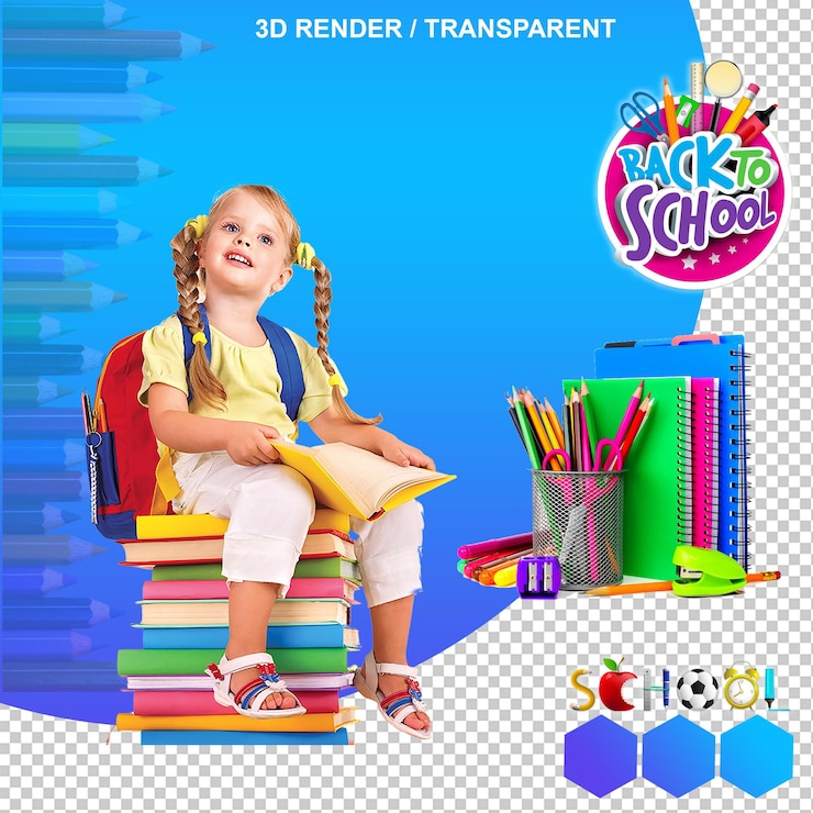 PSD retour à l'école fournitures scolaires outils d'étude élèves garçons et filles et articles scolaires essentiels