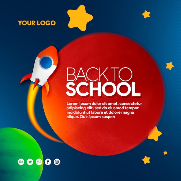 PSD retour à l'école avec les médias sociaux space banner: fusée, planètes et étoiles