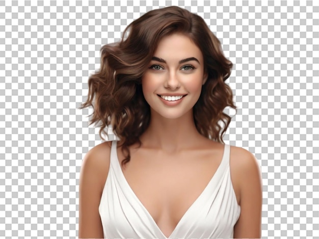 PSD retrato 3d de uma bela morena caucasiana sorridente em fundo transparente