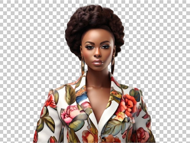 Retrato 3d de uma bela mulher africana com um casaco floral em fundo transparente