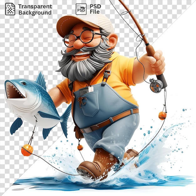 Retrato 3d de dibujos animados de pescadores de aguas profundas envueltos en una captura masiva de un pez azul con un sombrero blanco gafas negras y un cinturón marrón mientras juega una barba gris y