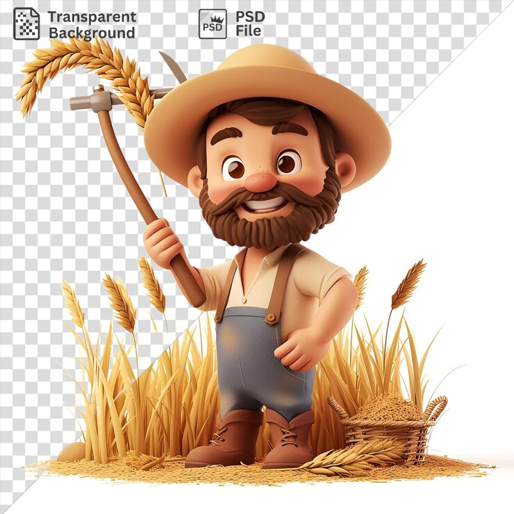 PSD retrato 3d de un granjero de dibujos animados cosechando cosechas con un palo de madera con un sombrero marrón y botas marrones mientras sostiene un juguete y está rodeado de hierba amarilla