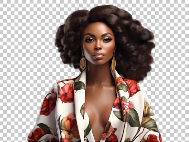 PSD retrato en 3d de una hermosa mujer africana con un abrigo floral sobre un fondo transparente