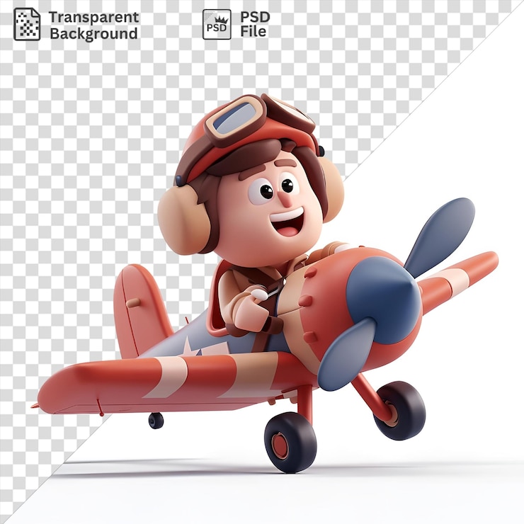 PSD retrato 3d piloto de desenho animado voando um avião com rodas pretas e um nariz vermelho e laranja vestindo um chapéu vermelho e sorrindo com a boca aberta enquanto um olho preto espreita para fora de