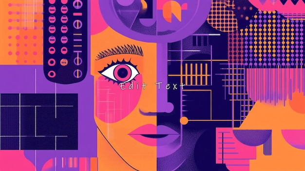 Retrato abstracto que combina el rostro humano con patrones geométricos y elementos tecnológicos