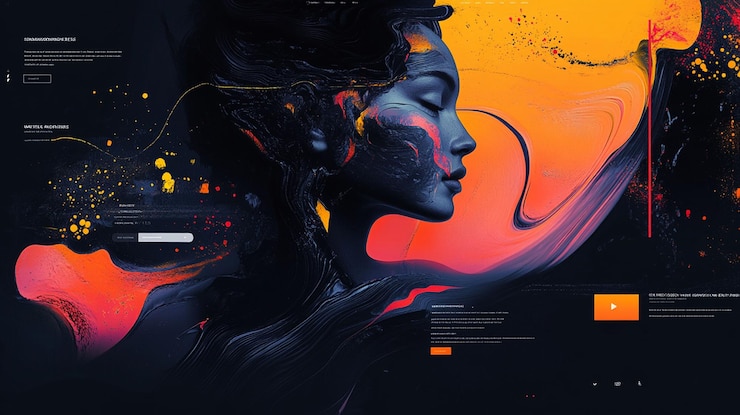 PSD retrato abstrato de uma mulher com redemoinhos de tinta laranja vibrante e azul escuro