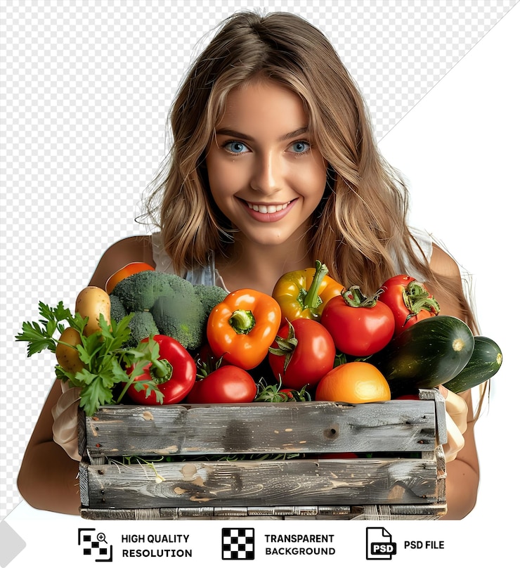 PSD retrato aislado de una niña sana sosteniendo verduras en un recipiente png