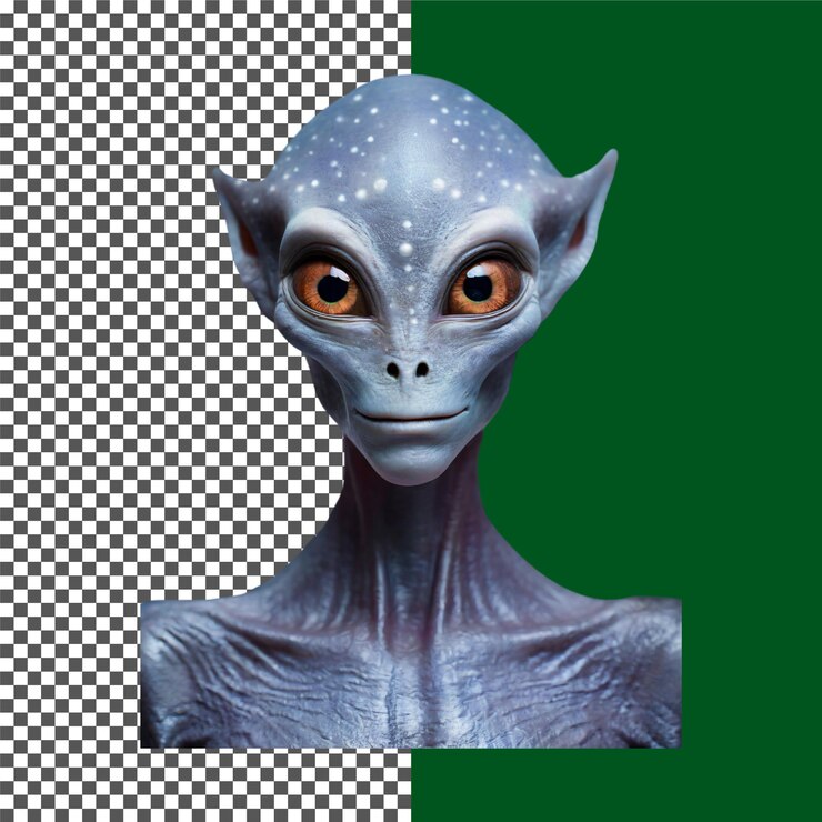 PSD retrato alienígena místico retrato extraterrestre con sonrisa suave y detalles cósmicos en un fondo transparente