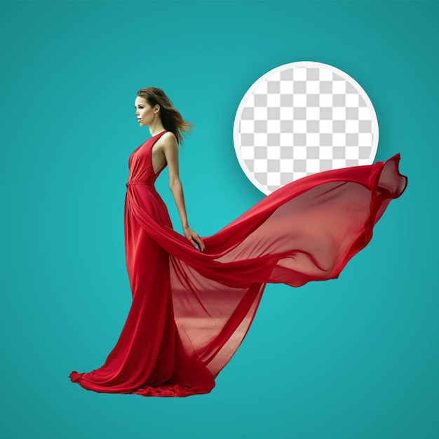 PSD retrato de alta moda de una joven hermosa mujer morena con un bonito vestido rojo de moda de noche esponjoso