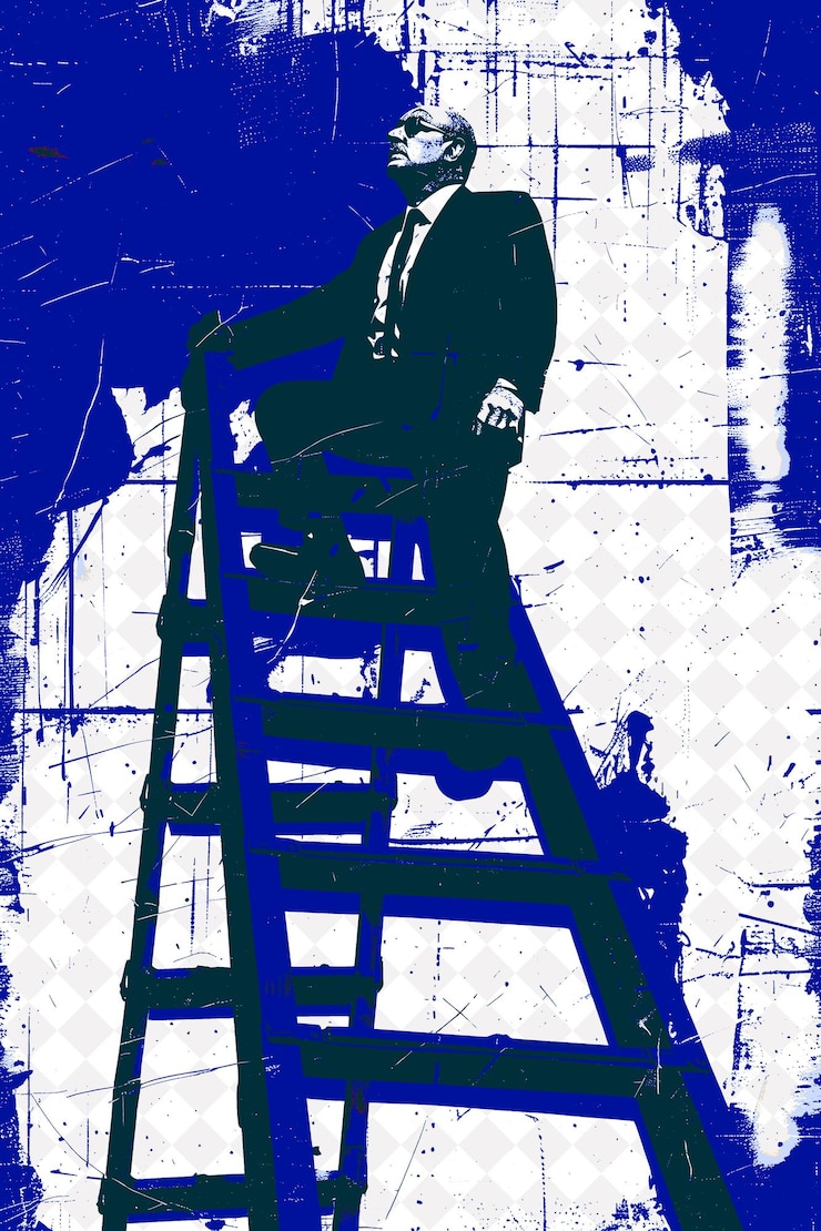 PSD retrato de un ambicioso candidato presidencial con una escalera roja ilustración plana de la campaña electoral