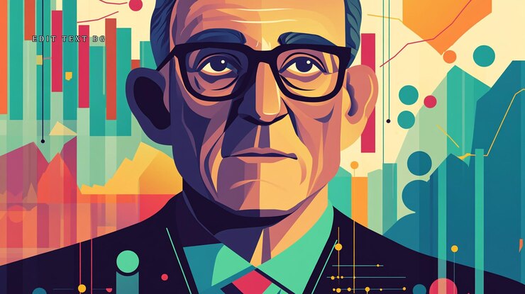 PSD retrato de un anciano serio con gafas rodeado de gráficos y gráficos abstractos y coloridos
