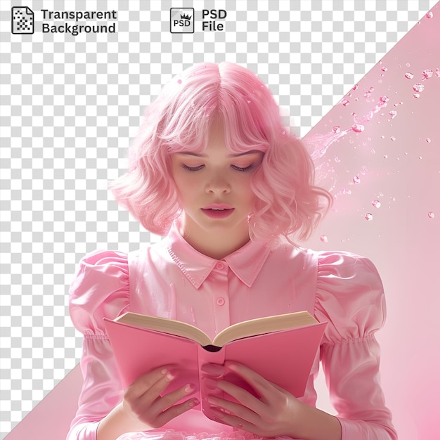 PSD retrato anya falsificador de espionagem x família com cabelo rosa e um rosto sorridente lê um livro rosa enquanto usa uma camisa rosa com um botão branco sua mão repousa sobre o nariz