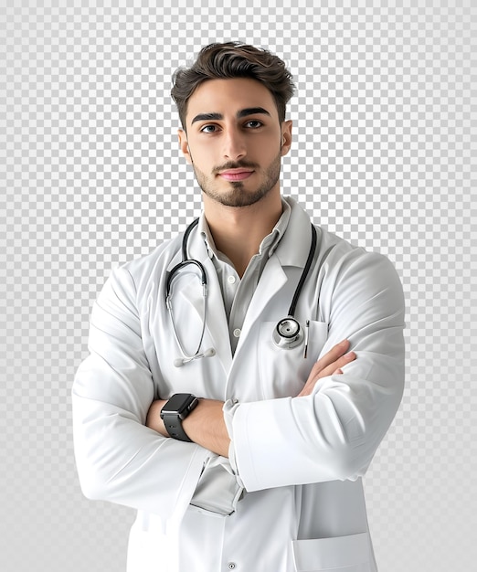 PSD retrato de un apuesto joven médico con un estetoscopio aislado sobre un fondo transparente