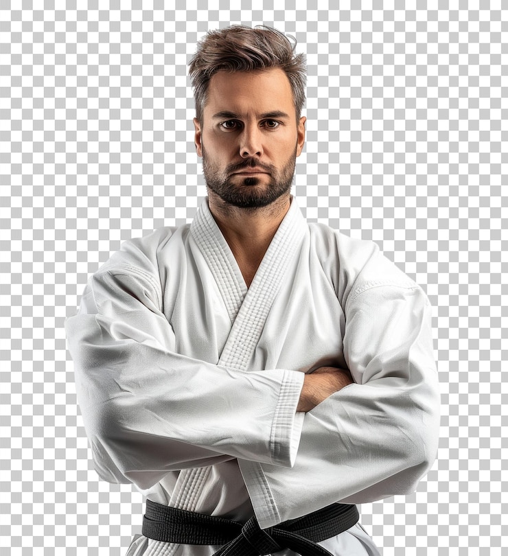 PSD retrato de un atleta de karate serio con un cinturón negro aislado sobre un fondo transparente
