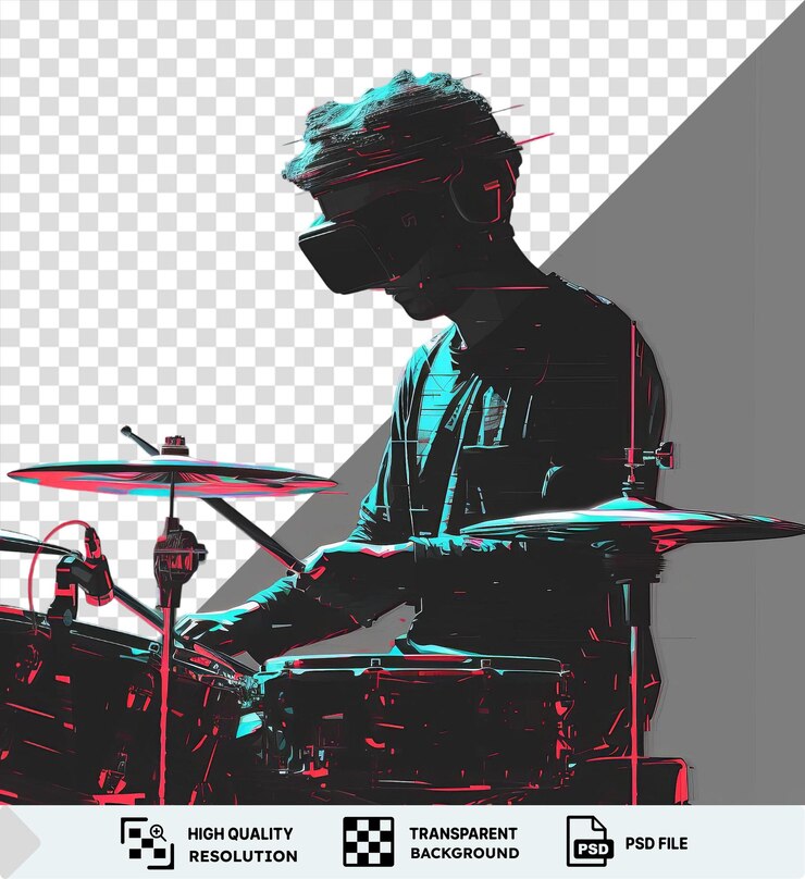PSD retrato de un baterista 3d tocando en una banda con un cartel blanco y negro en el fondo png