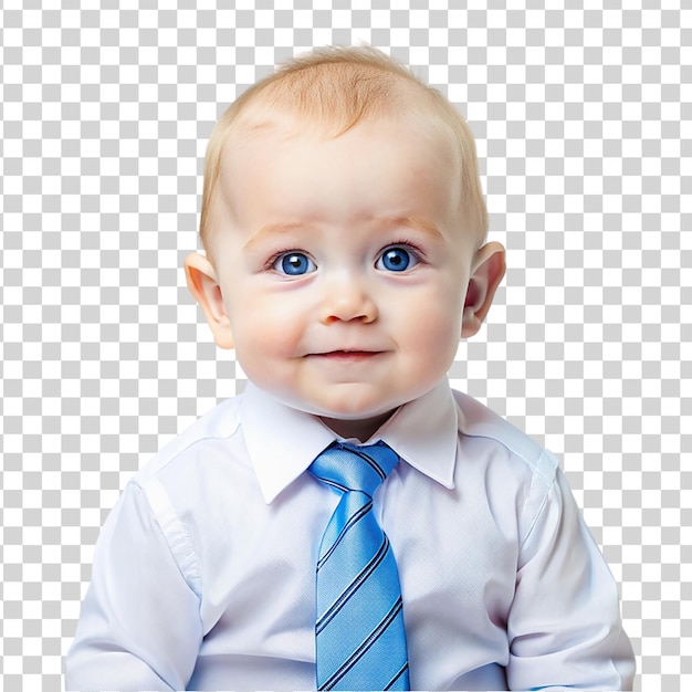 PSD retrato de un bebé sonriente con camisa y corbata aislado sobre un fondo transparente