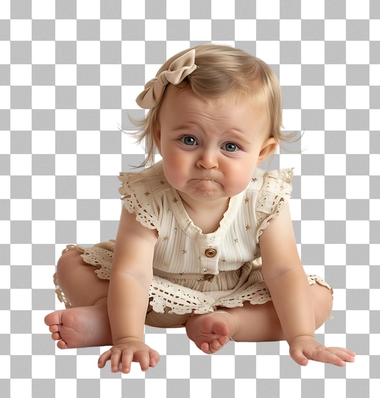 PSD retrato de un bebé triste y llorón sobre un fondo transparente