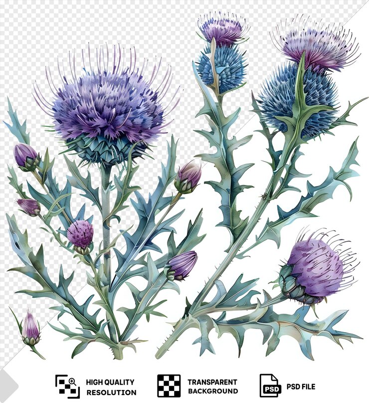PSD retrato belíssima aquarela flores de cardo clipart e folhas aquarela elementos florais aquarelas flores aquarelas pintura aquarelas aquarelas uma arte de nível água png