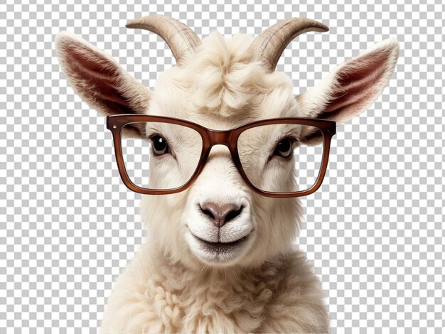 PSD retrato de una cabra con gafas aislado sobre un fondo transparente