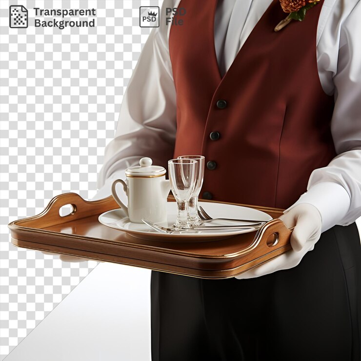 PSD retrato de camarero fotográfico realista con un platillo blanco de vidrio transparente y un botón negro acompañado de una mano blanca sosteniendo la bandeja