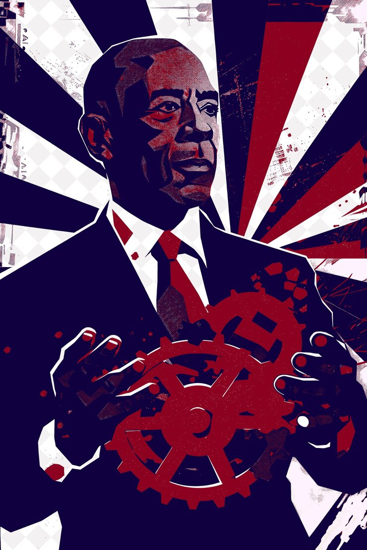 PSD retrato del candidato presidencial industrial con una ilustración plana de engranajes rojos h campaña electoral