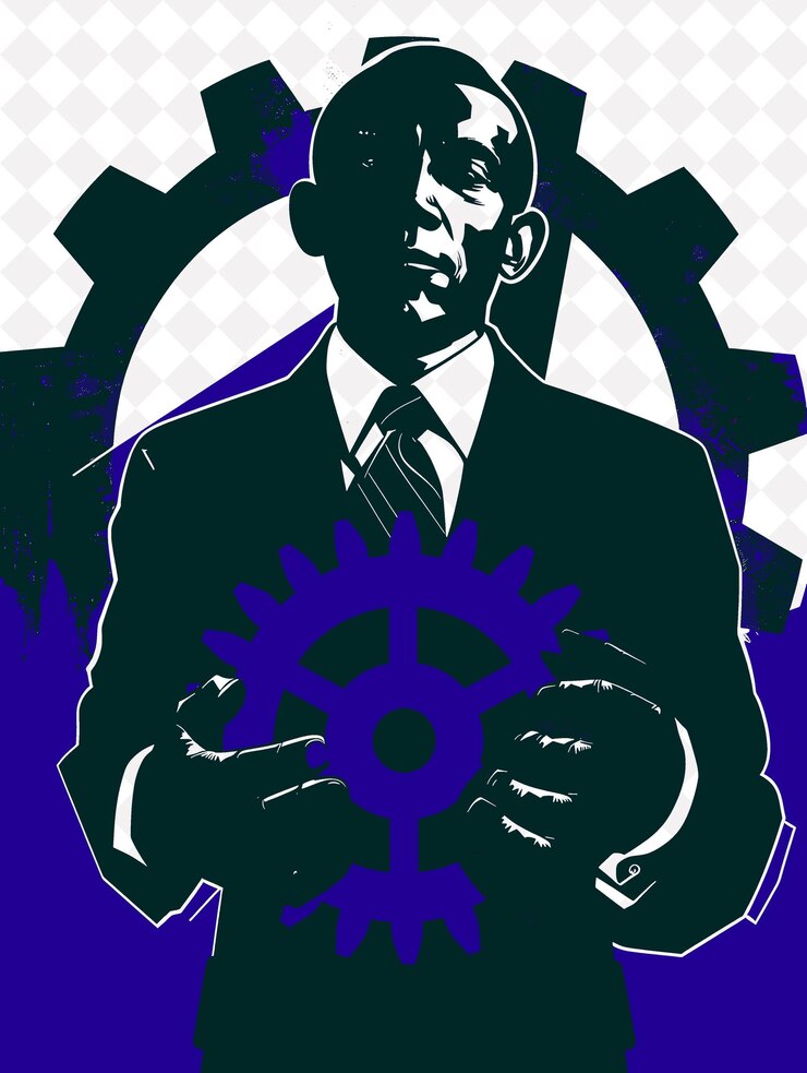 PSD retrato del candidato presidencial industrial con una ilustración plana de engranajes rojos h campaña electoral