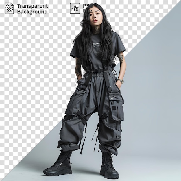 PSD retrato de carga militar urbana pantalones bolsosos modelo de mujer joven cuerpo de media longitud tiro delantero