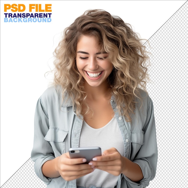 PSD un retrato de una chica bonita riendo y sosteniendo un teléfono inteligente