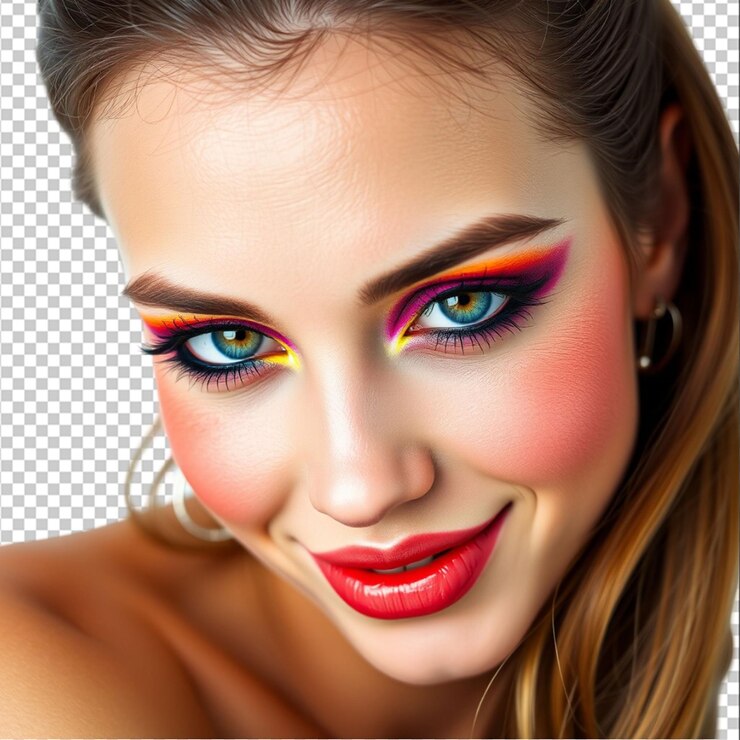 PSD retrato de una chica hermosa con maquillaje colorido aislado sobre un fondo blanco