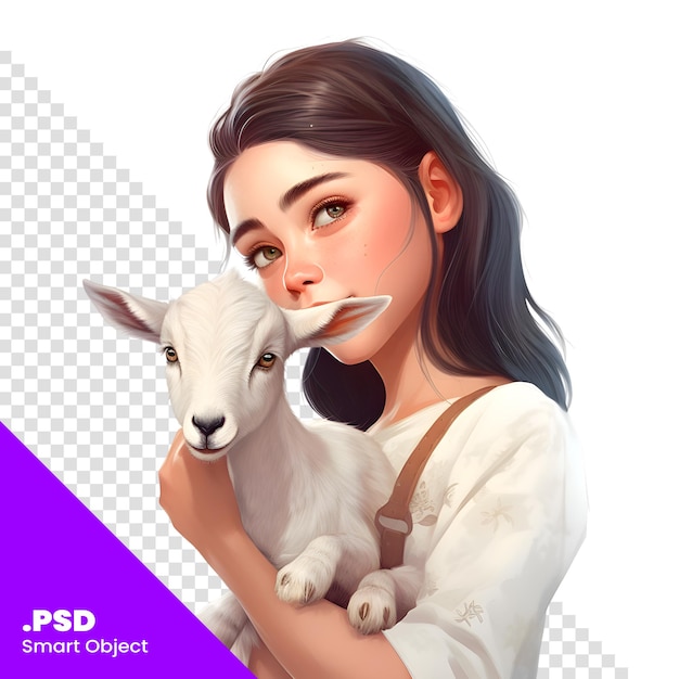 PSD retrato de una chica linda con una cabra en una plantilla psd de fondo blanco