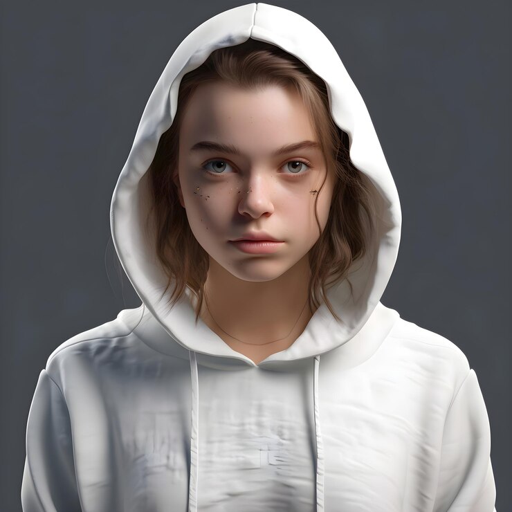 PSD retrato de una chica con una sudadera blanca sobre un fondo gris