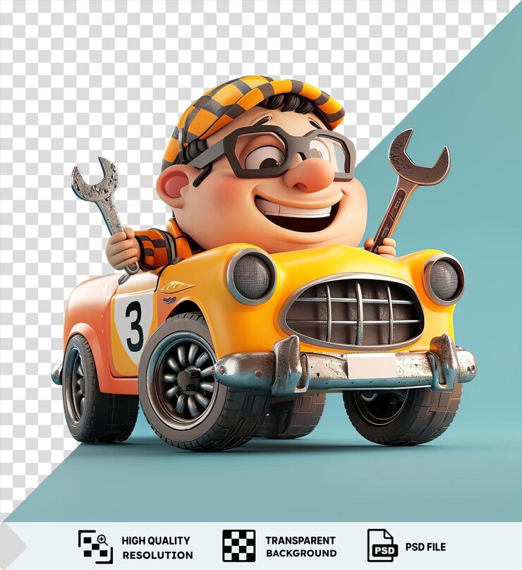 PSD retrato de coche de carreras 3d mecánico de dibujos animados afinando un vehículo de alta velocidad