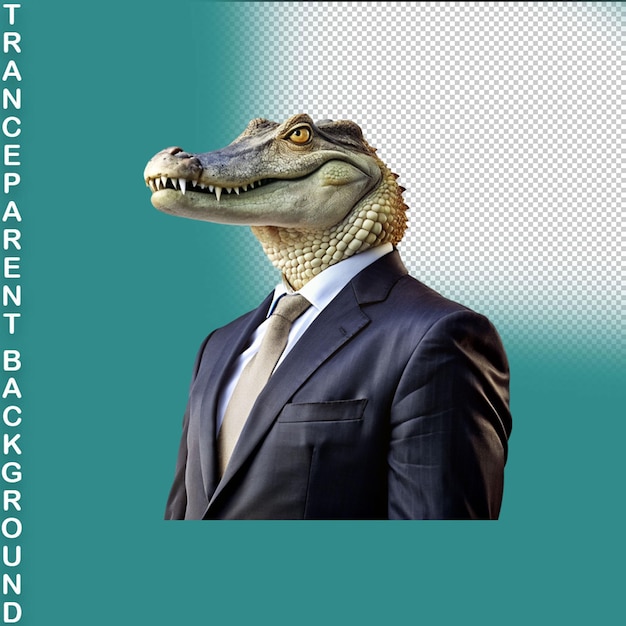 Retrato de un cocodrilo con un traje de negocios en un fondo transparente