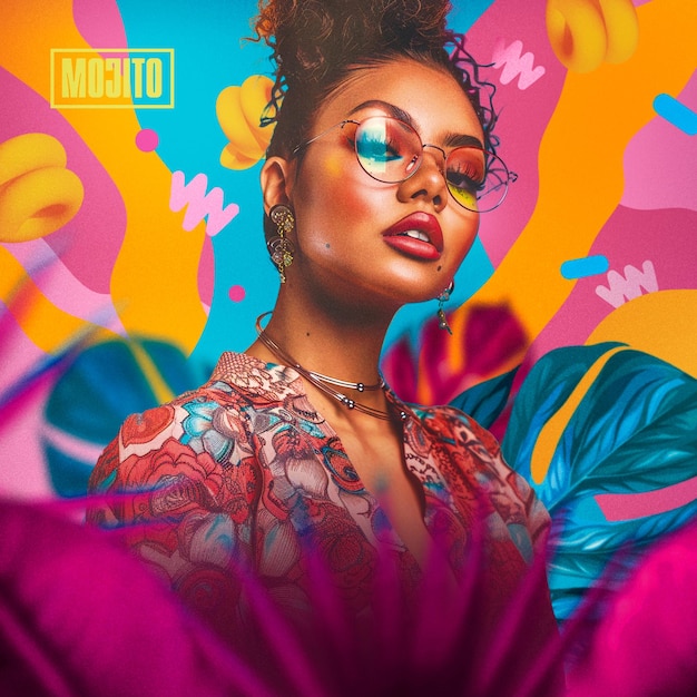 Retrato colorido de uma mulher elegante com óculos