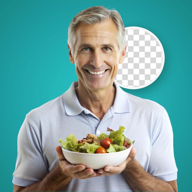 PSD retrato comida y dieta con un hombre en el estudio aislado en un fondo blanco comiendo verduras para la salud verde