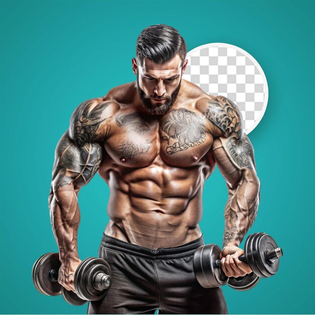 PSD retrato completo de corpo de homem atlético sem camisa fazendo exercícios de bíceps com halteres em um clube de ginástica