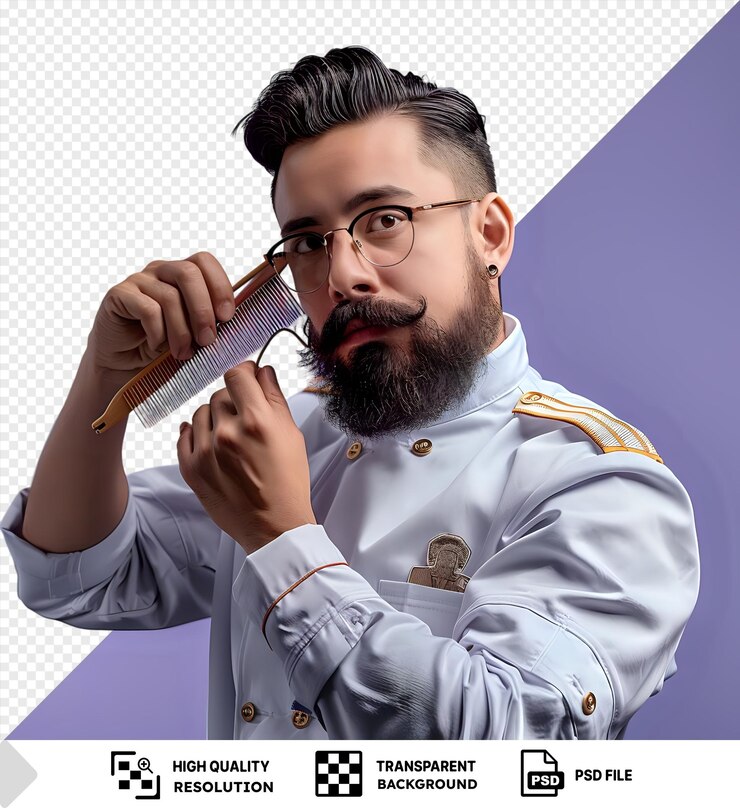 PSD retrato confiado joven barbero con uniforme y gafas mirando a la cámara peinando su barba con peine teaser mientras mantiene la mano detrás de la espalda tiene una barba marrón y negra cabello negro y un gran