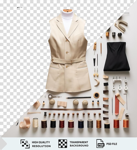 Retrato de costura personalizada y conjunto de costura exhibido en una pared blanca con una variedad de herramientas y accesorios, incluida una bolsa negra, botones de plata y oro, un vestido marrón y blanco