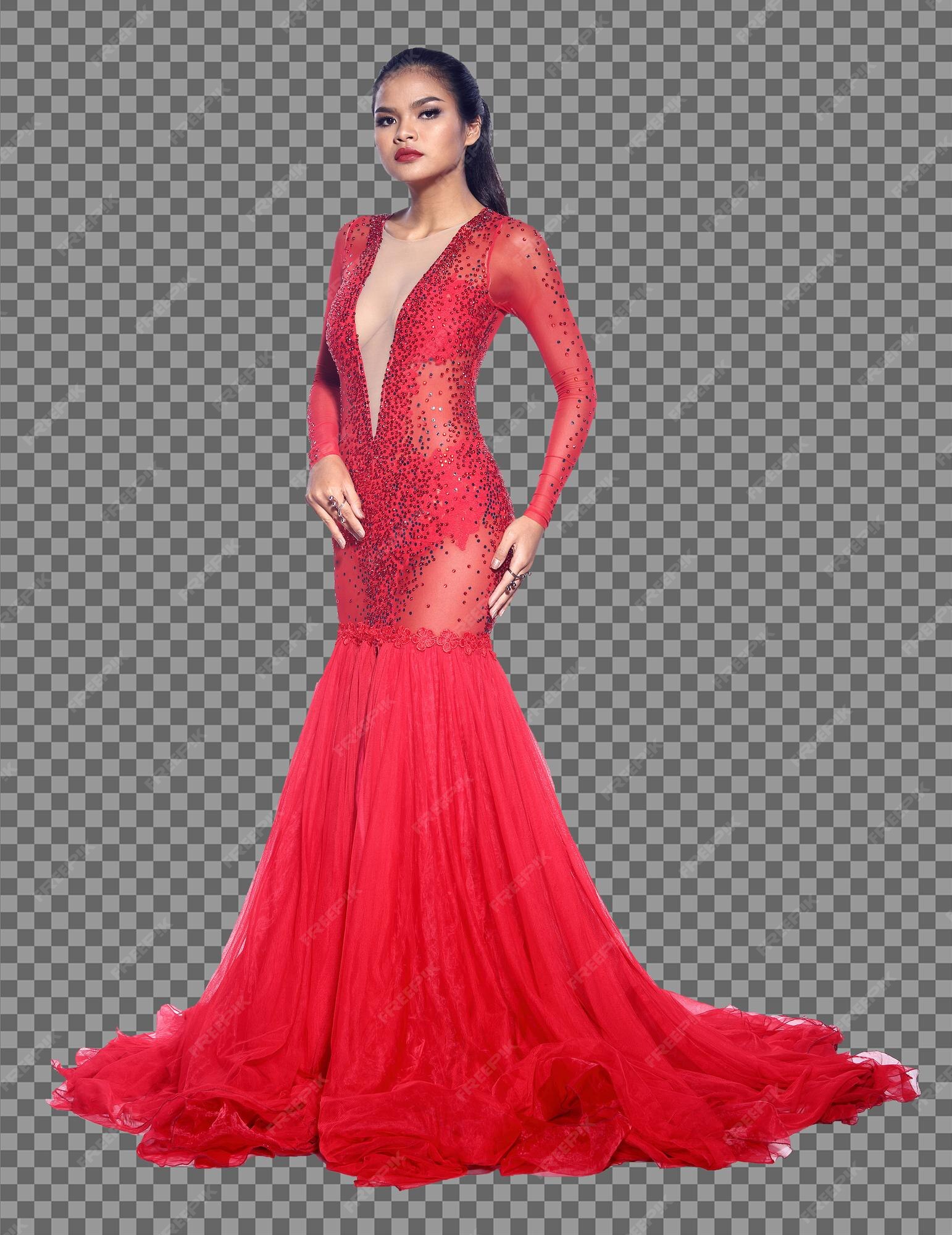 Retrato de cuerpo entero de la mujer asiática de los años 20 con vestido de noche rojo vestido largo de bola. soporte de niña piel bronceada moda elegante manga larga