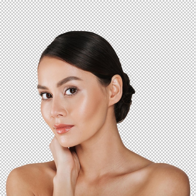 Retrato de beleza de uma encantadora mulher caucasiana com cabelo castanho em panela posando na câmera com um belo olhar isolado sobre o branco