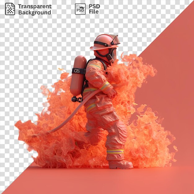 Retrato de bombeiro 3d lutando bravamente contra um incêndio vestindo um capacete prateado e vermelho e calças laranjas com uma alça preta visível em primeiro plano