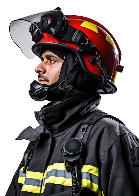 Retrato de bombeiro posando de perfil vestido com uniforme de segurança