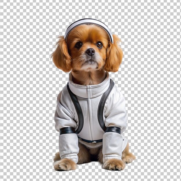 Retrato de cão antropomórfico humanoide vestindo traje de astronauta branco isolado transparente