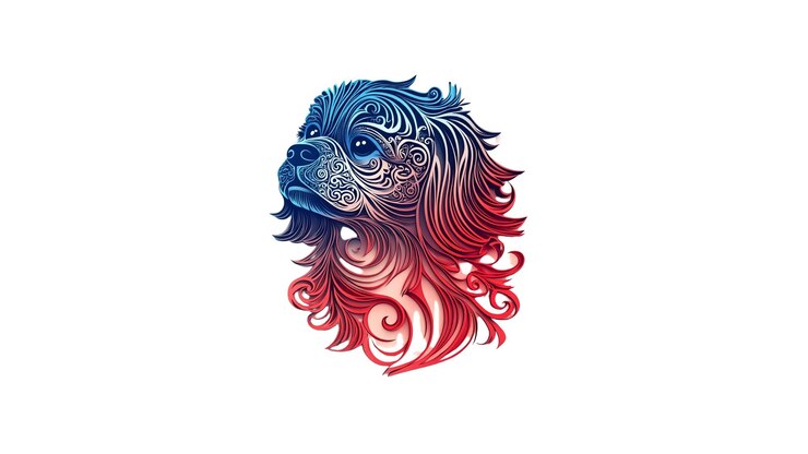 PSD retrato de cão ornate cavalier king charles spaniel em tons azuis e vermelhos
