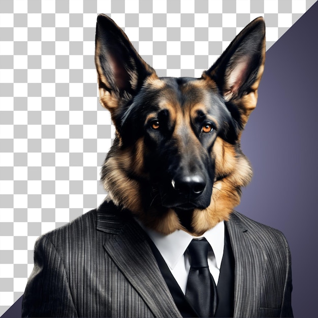 Retrato de cão pastor alemão humanóide vestindo terno preto isolado transparente