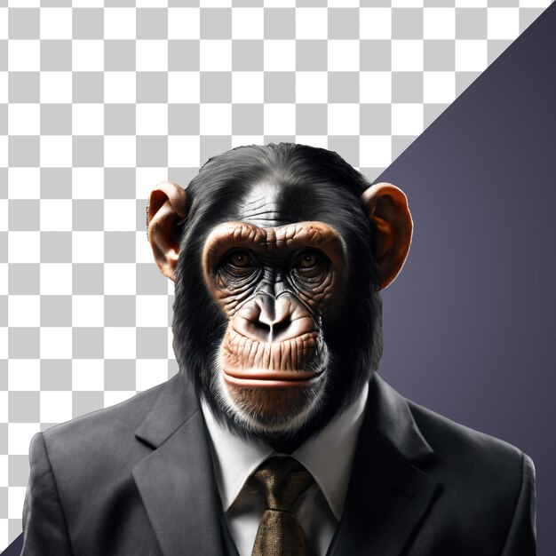 PSD retrato de chimpanzé humanoide antropomórfico vestindo terno de empresário isolado transparente