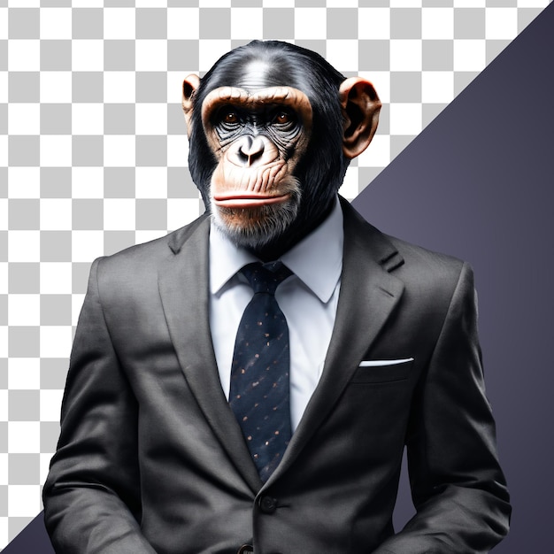 PSD retrato de chimpanzé humanoide antropomórfico vestindo terno de empresário isolado transparente